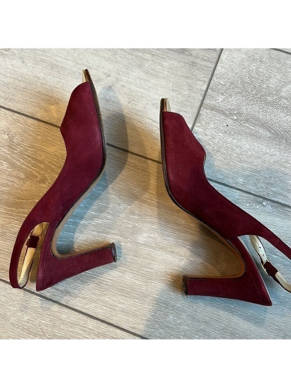 SAKS Fifth Avenue Burgundy Suede Peep Toe Slingback Heel Size 7 - Picture 11 of 12